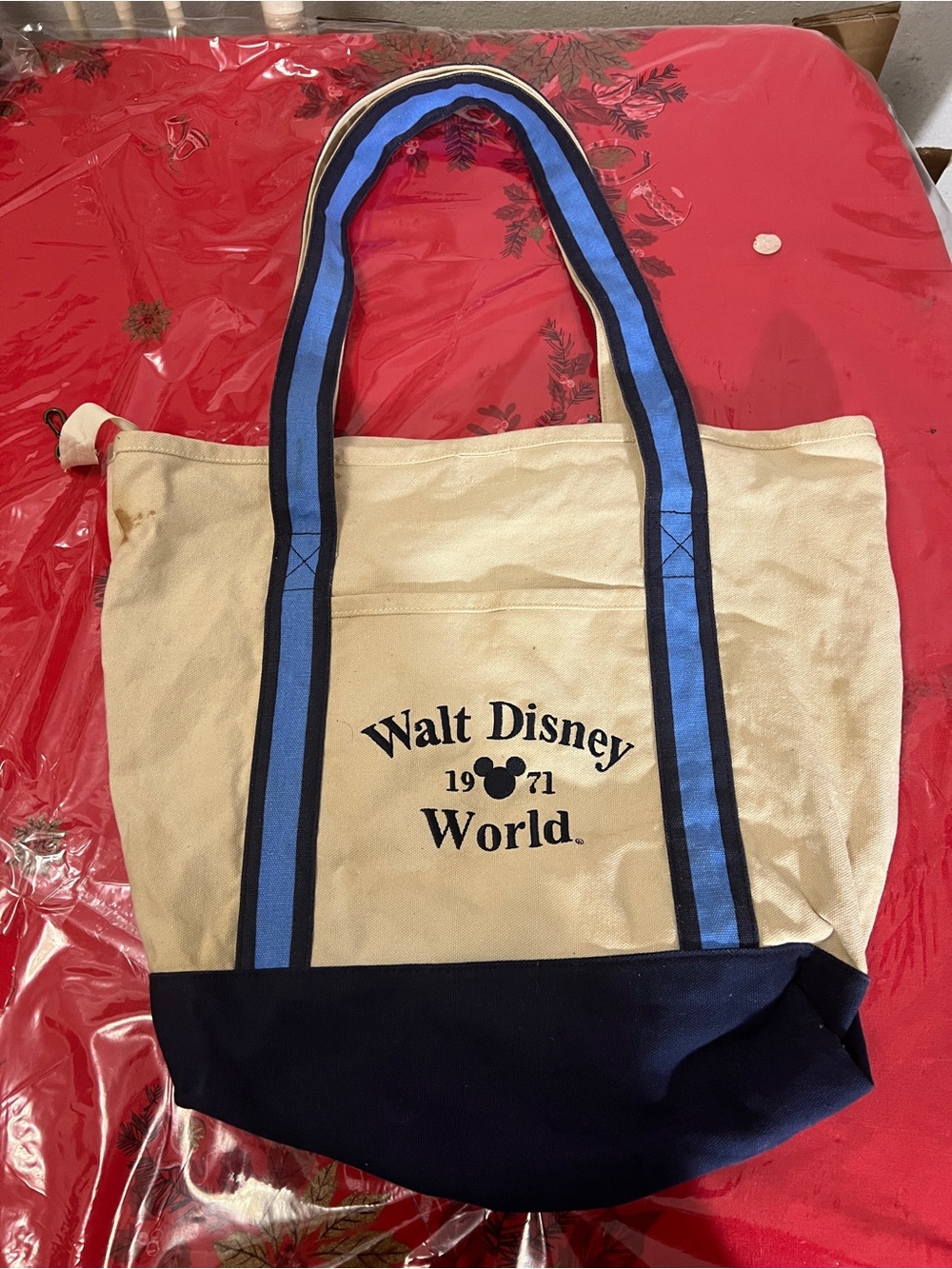 1971 Walt Disney World Large Ivory & Blue Canvas Tote/Beach Bag EUC